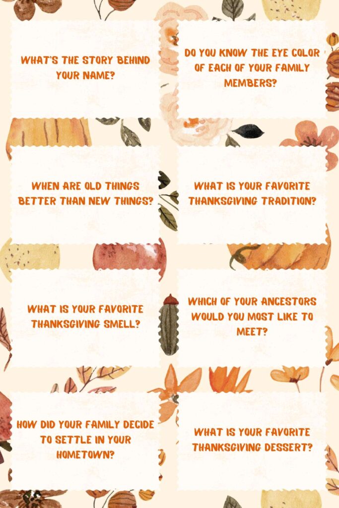 sample image of thanksgiving dinner conversation starters printable cards with questions on them