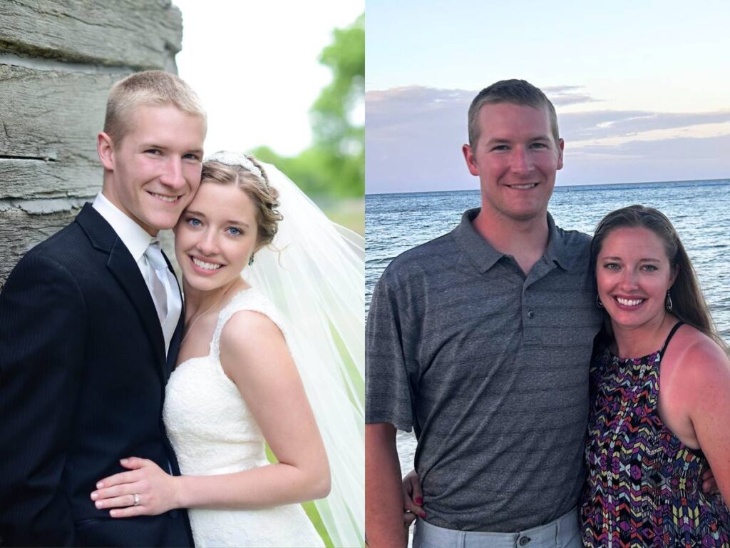 two images: on the left, a man and woman on their wedding day. On the right, the same couple on a beach years later celebrating their anniversary