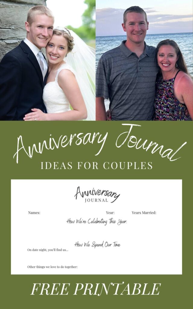 Photo of a couple on their wedding day, and then another photo of the same couple on a beach. Anniversary journal ideas for couples. Sample journal page below. 