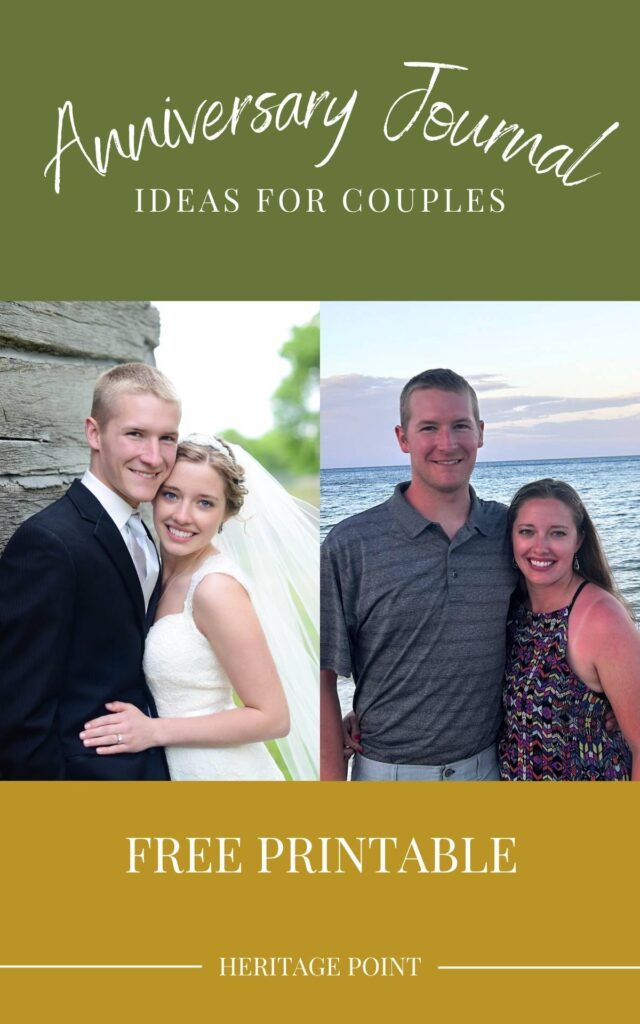 Anniversary journal ideas for couples free printable. 2 images of a man and woman, one on their wedding day, and the other on a beach. 